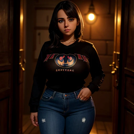 Dark nightmarish movie style, a petite cute shy innocent skinny with monstously huge fat size breasts Mexican nerdy emo teen, short volumetric hair, beautiful detailed brown eyes, cutely detailed lips, super cute highly detailed eyes and face, round shape ...