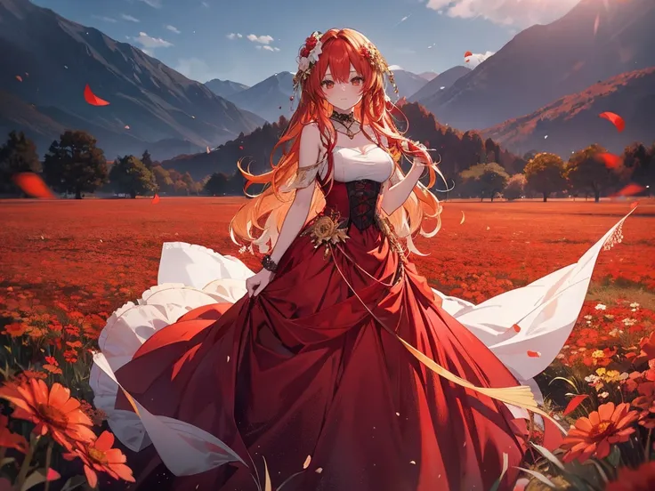 red wedding dress　 adult woman　red fox ears 　Flower Field　golden to hair, [(gradient hair from golden to red:1.4):0.1], long hair　