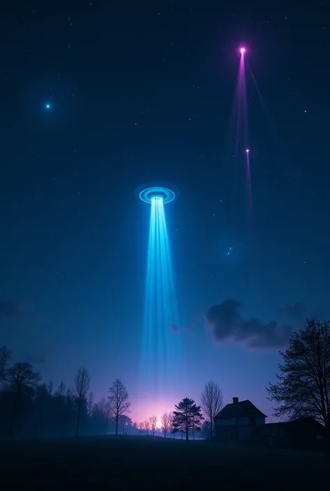 A starry night with a deep, dark sky, where various mysterious lights flicker and move in unusual patterns, suggesting the presence of UFOs. In the background, a rural area with few houses and trees,  creating an atmosphere of suspense . Use shades of blue...