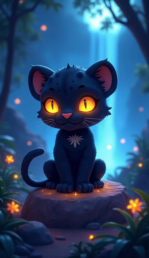 Here’s a new idea featuring a single character:

Chibi-style idea:
A lone chibi black panther with piercing, glowing golden eyes, sitting majestically on a glowing rock in the middle of a mystical jungle. The panther’s fur shimmers with an enchanted irides...