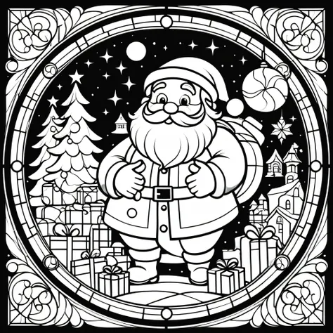 circle, simple line art, black and white, Stained glass design, without colored glass, composed only of lines, The theme is Santa Claus is busy delivering presents,