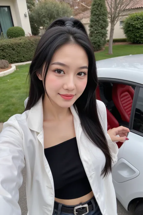 First-person perspective cute smiling selfie, 28-year-old female CEO of a listed company, black chest-length straight hair ponytail, no makeup, wearing high-end temperament fashion brand clothing, opening the door of a white Porsche 718 in the villa and pr...