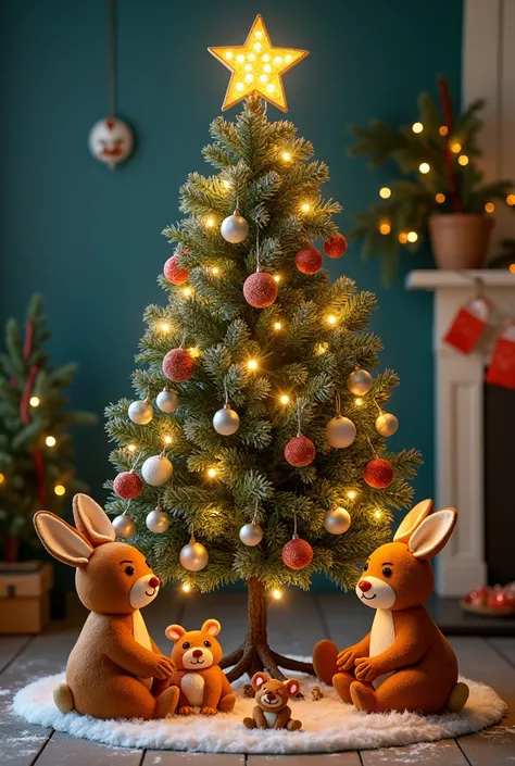 Créer une image dun sapin de noël décoré avec des bonhommes de pain dépices et des ours en peluche sont assis autour du sapin dans un décor magique