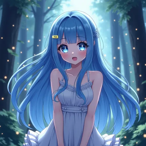 A beautiful anime girl with long, flowing blue hair, big sparkling eyes, wearing a light and elegant dress. She has a small hair clip with the letters PSU on it, standing in a magical forest with glowing lights, highly detailed, vibrant colors, cinematic l...