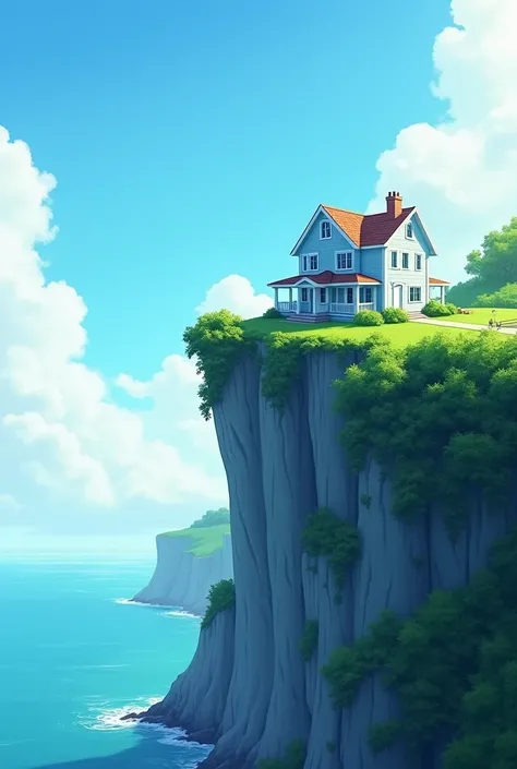 A lonely blue and white house on top of a green cliff with a clear sky with some cloud 