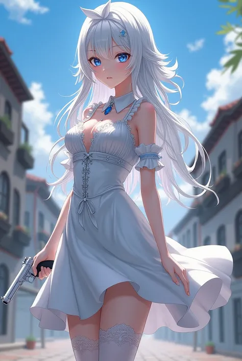  Japanese Anime Girl Style ， Magic Girl Style ， Face Painting Style  ，Maiki Style ， White Hair Girl ， Blue Eyes ， Big Breasts ， White Maiki Dancer ， white Maiki dress ，background： Medieval Magic World ，Place：Suburbs， You can see this city ，The figure is se...