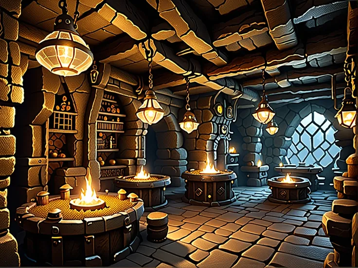 underground scenery,Underground town of dwarfs,Kolobokkur:cute,fantasy,The world of dwarfs underground,fantastic,rock surface,Light from the ceiling,crystal,Detailed details,octane rendering,steampunk,Kobo,blacksmith