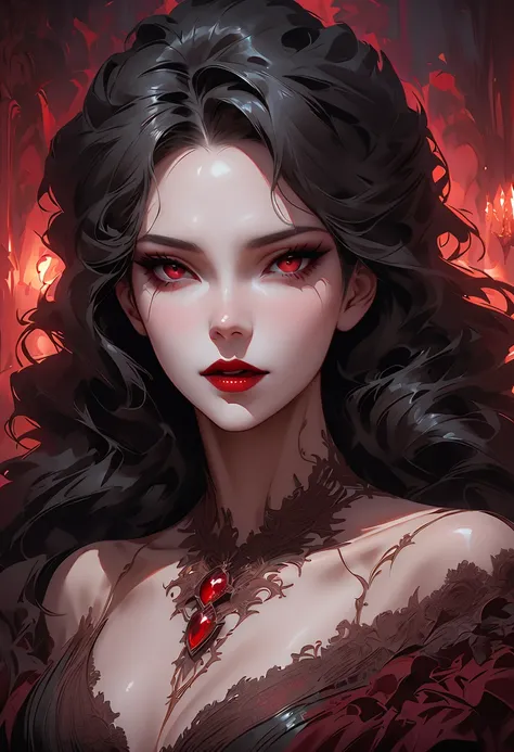 ( better quality,  masterpiece),  full body hair drill . Vampire woman, nostalgic,  seductive,  beautiful face , gothic face ,  sharp face  ,  delicate face  , female face, abundant black hair  , Ojos rojos , delgado,  average breasts, elegant, elegant clo...