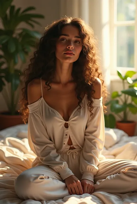 (photorealism:1.2), beautiful woman, sitting on bed, wearing loose off-shoulder top, pajama pants, long curly hair, indoors, soft lighting, plants in background, window with sunlight, cozy room, relaxed pose, realistic, intricate details, warm colors, by G...