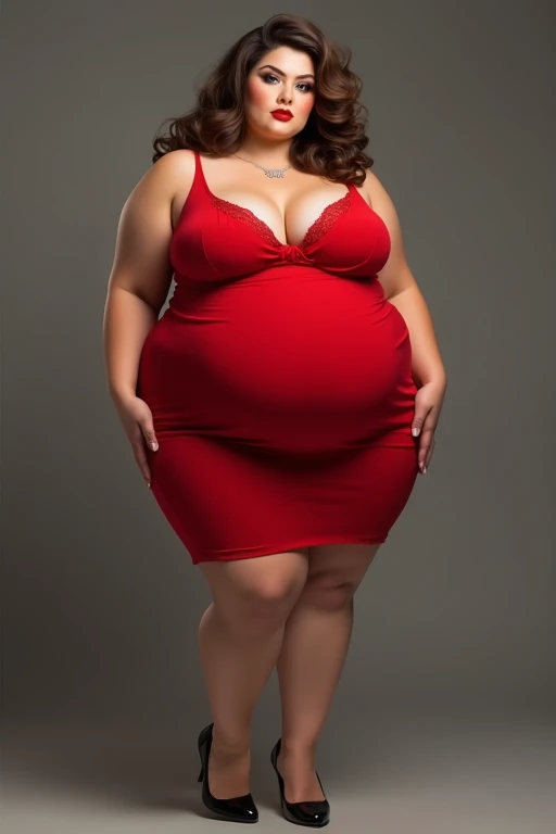 ((Bbw)), ((plumpy woman)), ((tall)), ((milf)), puffy cheeks, plump face, (caucasian), brunette ponytail,(beautiful), big boobs, wide hips, wearing a sleveless short red dress with small black heels, lipstick, eyeshadow, (realistic masterpiece)