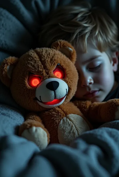 Close up of a teddy bear with a big demonic evil smile and glowing red eyes tucked under the arm of a sleeping young dark blonde boy, nightmare, dream-like, highest definition, highest detail, highest quality