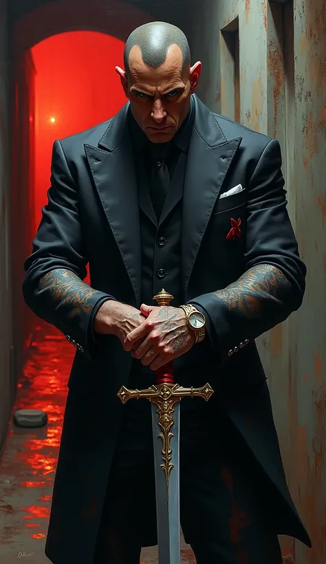 A gleaming mafia boss wielding a razor-sharp sword, exuding power and danger in every calculated step. The intricate hilt of the weapon reflects the dim light of a hidden alleyway, while the elaborate tattoos on the bosss arm tell tales of a life filled wi...