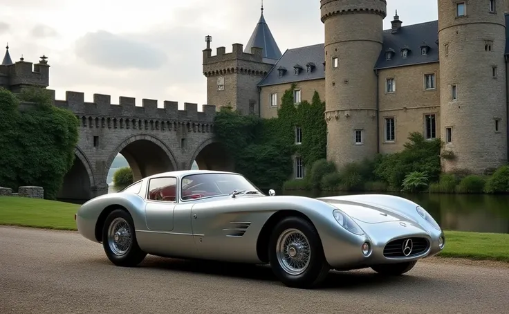 Close front right side view New 2025 Mercedes eqa 250"Gullwing"  parked in front of the ancient castle .  Against the background, majestic walls and a bridge over the moat overgrown with greenery.
( The most realistic photo :  silver Mercedes eqa 250 "Gull...