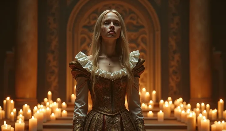 beautiful woman dressed in medieval clothes, on an altar of the time, candles around, beautiful look