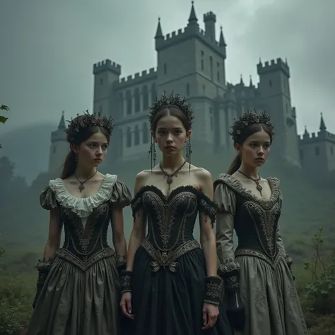 Three beautiful girls are dressed in historical attire, Castle in the background, dark fantasy