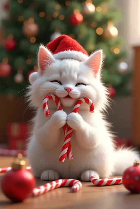 The white fluffy cat wears a Christmas hat, holds candy canes with its front paws and sits in front of the Christmas tree, with many balls on the floor.