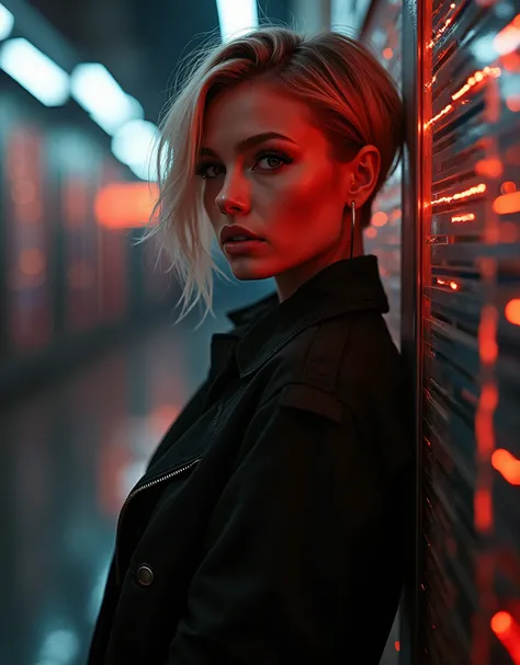 analog photo, dark shot, low key, action, a intelligent blonde girl, 20 years old strawberry blonde pixie bob hair, huge tits, fit, reflections on the wall background, abstraction atmosphere, prismatic, holographic:1.2, sparkles, neon pixels, neon light:1....