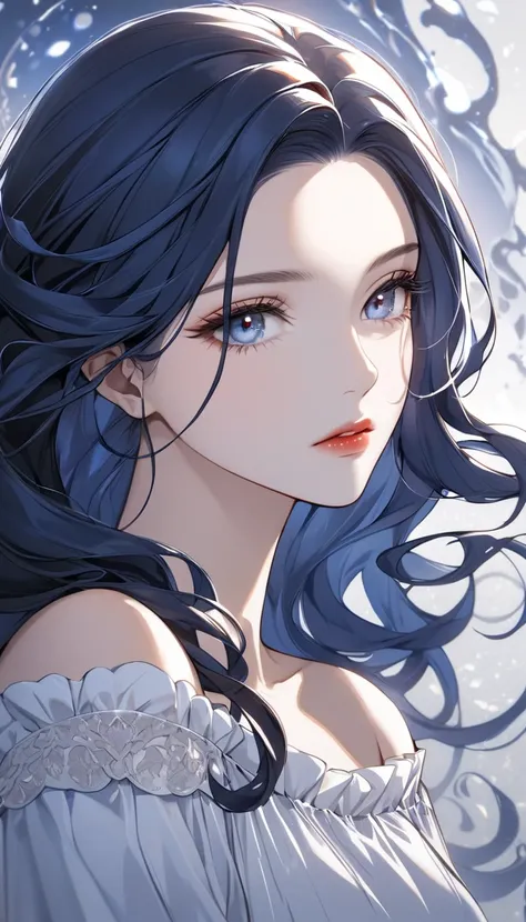 A semi-realistic anime-style woman with a calm and composed expression. Age 27. She has long, thick straight midnight blue  hair, cool demeanor. Her hair has tight curls. Her complexion is a healthy pale white, with warm undertones that contrast nicely wit...