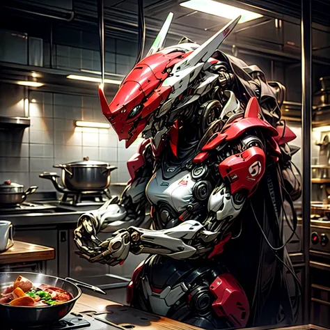 Realistic photography,4 Mecha girl, details mechanical bodies, cooking in kitchen.
