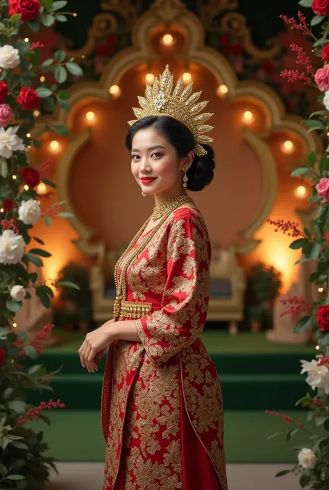 Hyperrealistic photo, high resolution, ultra HD 16k image quality, image details show a beautiful Indonesian woman with a fat body aged 30 years, the womans hair is neatly arranged in a Javanese bun with a crown ornament of small jewelry towering upwards w...