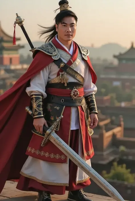 A man in ancient Chinese costume, holding a long sword, standing on the roof of the Forbidden City.