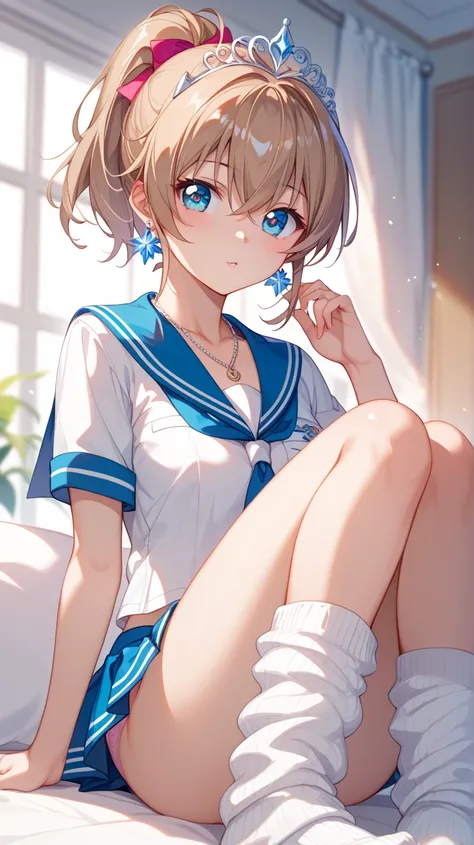 Himeragi Yukina、solo、 25 year old woman、( big eyes、Cute eyes:1.15)、 blue eyes、 beautiful eyes、 Light Brown Hair、( short ponytail)、 bangs between eyes、 textured skin 、 high school girl、 summer sailor suit、Short sleeve、 miniskirt、 loose socks、 sparkling earr...