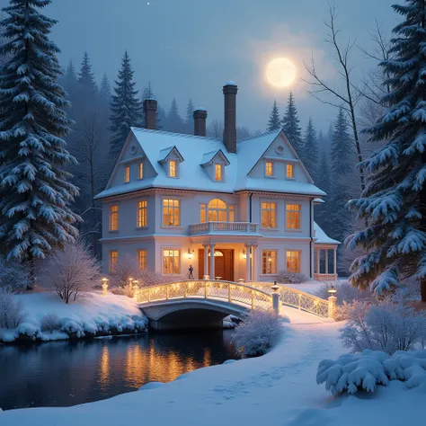 White villa under the snow in the woods in the dusk, lights inside on, decorated outside woth golden lights, a little bridge over the lake nearby under the snow, decorated with gold lights, night time, moon, beautiful, perfection, realistic photo