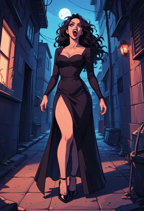 ((()))、(((  Young woman with long black hair)) (purple eyes, square face  ),   fair skin ,sexy red long dress, exposed thighs, Black heel shoes ,vampire teeth ,  alley in the city center  , standing ,Attack pose in the alley , The raised chin  , Scream, cr...