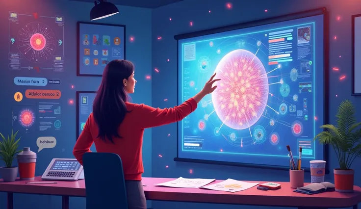 A visually striking illustration representing a training course on creating AI-generated images. The composition features a futuristic classroom setting with a teacher pointing to a digital screen displaying an AI-generated artwork. The background includes...