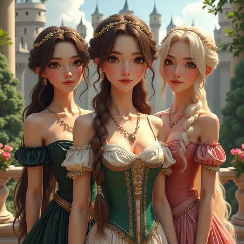 Three beautiful princesses are dressed in historical attire, Castle in the background, high fantasy, BREAK, masterpiece, best quality, the most important work, ultra detailed, high resolution, 32k, RAW photo, photorealistic, highly detailed background, ela...