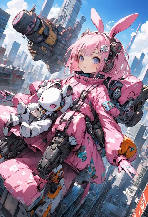 anime  girl flying over a city with a robot and a rabbit,  anime manga robot !! anime  girl,  Alice in Wonderland cyberpunk , (Neo Tokyo), anime  girl of the future,  animated robot mixed with organic matter , robot  girl, Full-body robot!!  girl,  anime c...