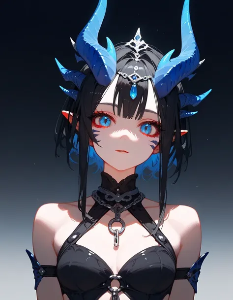 Dragon Girl,Grayish black hair,slave,Two-colored eyes, red-eyed, blue eyes,Focus on the face,beautiful,Black Dragon Ear , Blue Horn