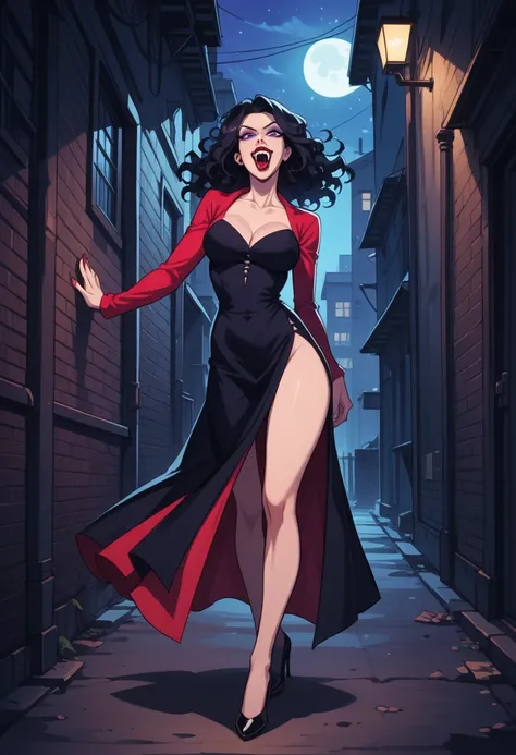 ((()))、(((  Young woman with long black hair)) (purple eyes, square face  ),   fair skin ,sexy red long dress, exposed thighs, Black heel shoes ,vampire teeth ,  alley in the city center  , standing ,Attack pose in the alley , The raised chin  , Scream, cr...