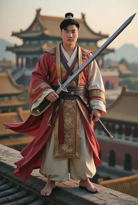 A man in ancient Chinese costume, holding a long sword, standing on the roof of the Forbidden City.