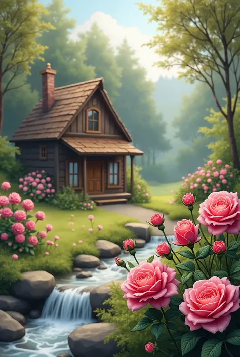 Rose flowers and wooden home with water flow 