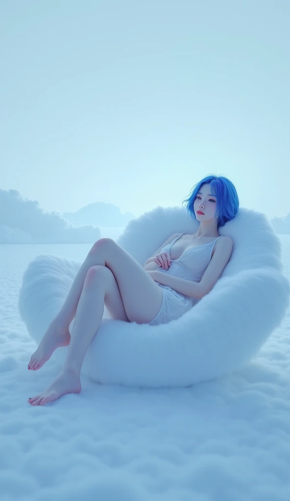  angle of a woman with blue short hair with light skin wearing sheer flowing-skirt , sitting on a white cloud sofa, both hands resting on his stomach, one leg thrown over the other, monochrome light blue background, blue hour, colors blue, white, gray