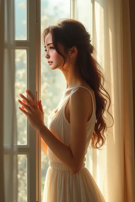 quality、masterpiece、High sensitivity、   high res 、  detailed description  、 Delicate depiction of the face )),  Slender Woman、glass、Opening the window、   hair flutters in the wind、  with a smile、A pleasant morning、