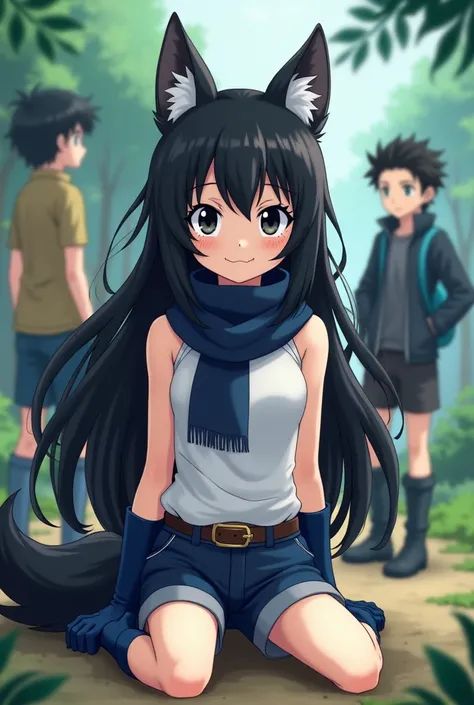 Screenshot of HxH  girl, half wolf( ears and wolf tail ), long hair(  up to her hips )black and wavy, long bangs , black eyes,  freckles on the cheeks,nice body,  sleeveless white shirt , dark blue scarf, medium dark blue short ,belt,  blue gloves that rea...