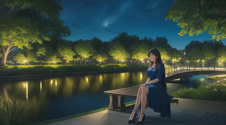 "A peaceful nighttime scene of a woman relaxing at the edge of an urban park. She sits comfortably on a bench or grassy area, surrounded by the soft glow of city lights in the distance. The park features vibrant greenery, gentle pathways, and a small pond ...