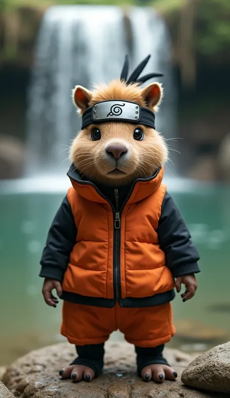 "An ultra realistic capybara, with soft and detailed coat ,  wearing traditional Naruto clothes ,  with the orange and black vest and the ninja headband tied around the head,  displaying the symbol of the Hidden Leaf Village .  The capybara has a calm expr...