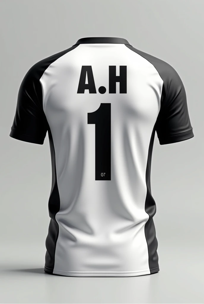 generate the image of sport shirt back with name A.H and shirt number 1 shirt colour white and black mix