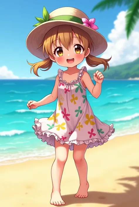 Create a short loli girl in beachwear on a hot day