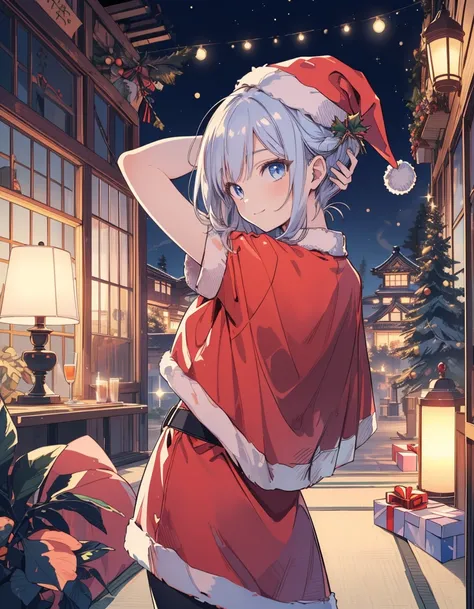 masterpiece,  top quality ,  ultra detail on a Japanese futon,  illustrations, One girl ,  viewers,  top quality , depth of field ,(  closed mouse, Light Smile, blue eyes:1.1), Beautiful Detailed Sparkle , ( Santa costume :1.3),( turn your hands around you...