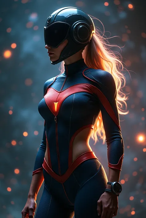 A stunning 25-year-old girl donning a superhero costume, her beauty radiating like a beacon in the void. She wears a helmet to conceal her face, yet her captivating physique takes center stage. Her athletic build is accentuated by the curves of her body, a...