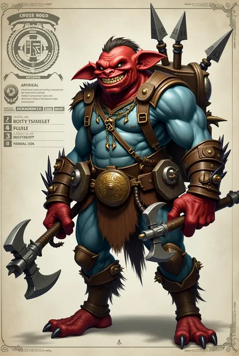 A robust red and blue goblin with weapons on a technical data sheet indicating their stats