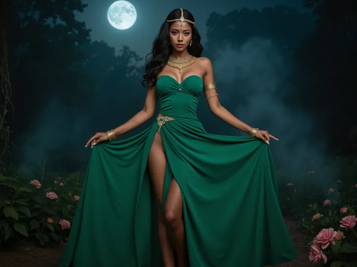 A black with glowing dark skin, draped in a luxurious, flowing emerald green gown with a high slit showing legs, holding both ends of the dress as it blows in the wind, standing in a moonlit jungle clearing, surrounded by mysterious fog and ethereal flower...