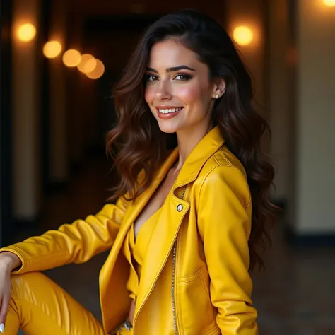 an Armenian woman with golden lipstick on her lips smiles in a yellow leather jacket in yellow leather pants in yellow leather high-heeled shoes