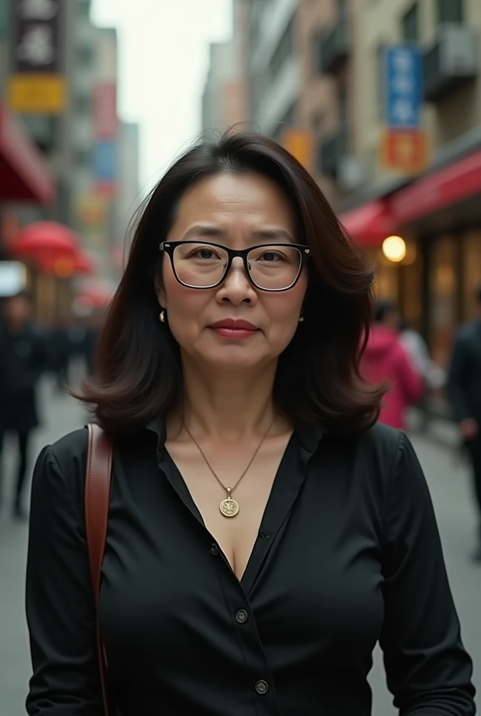  city street, The woman is about 50 years old with a somewhat forte figure. Close-up of a Taiwanese woman wearing a black dress on a Forty . wear glasses.