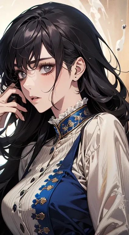 A painting of a woman with black hair and an orange blouse,  stunning anime face portrait, beautiful character painting, beautiful anime portrait, her image is rendered with blue ink, presenting a stunning effect. The painting is very detailed, portraying ...