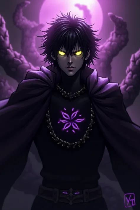  shinigami death note, man, dominant colors purple and black,  yellow eyes ,  short hair 